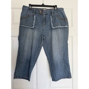 Cato Women's Denim Capri Jeans 16 Medium Wash Fringe Studded Patch Pocket Boho